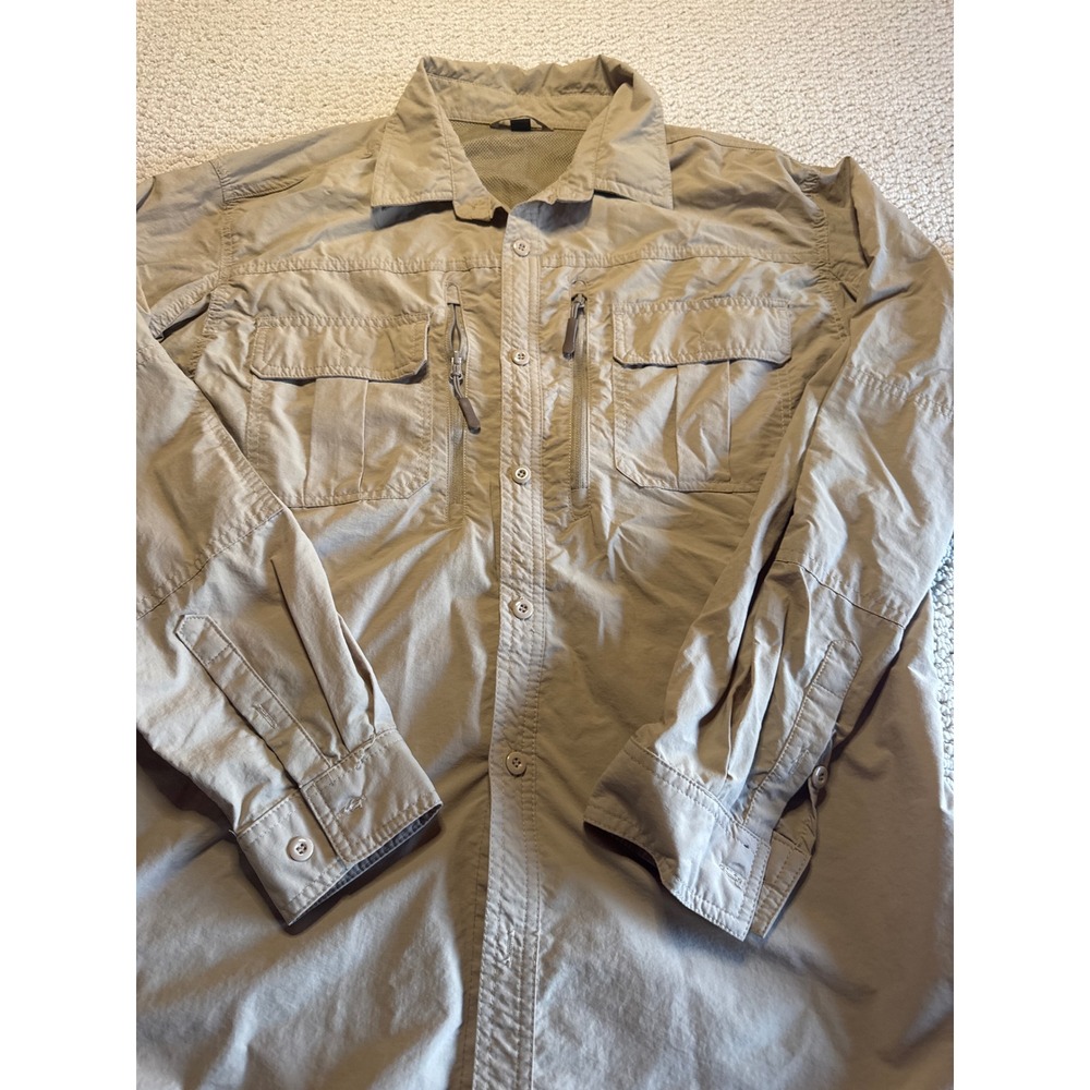 Tan Tactical Fishing Shirt Khaki Long Sleeve Vented Safari Hiking Mens Medium